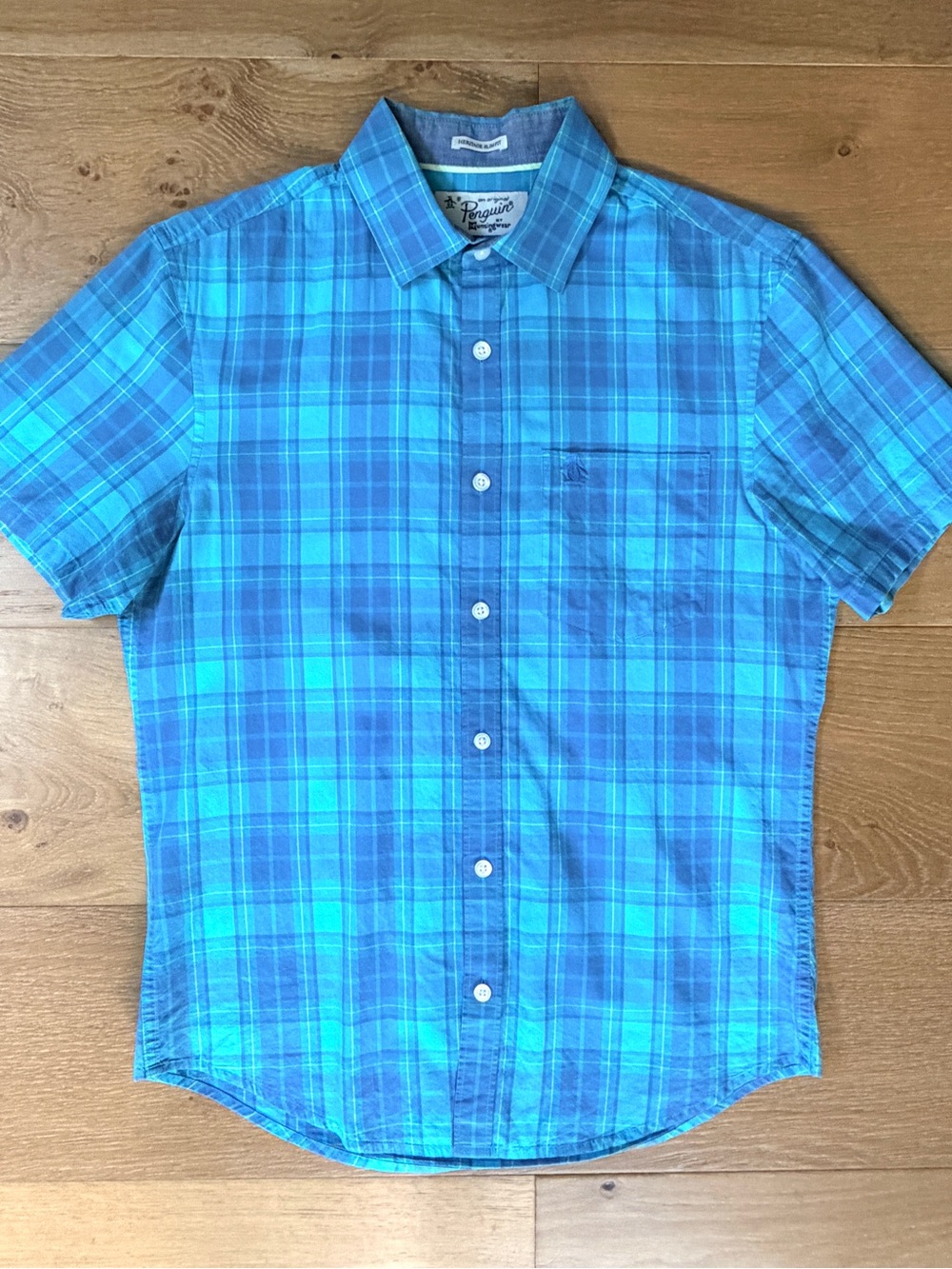 Penguin Heritage Slim Fit Turquoise Plaid Shirt Men Small Casual Lightweight